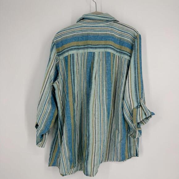Naturals D & co shirt top large petite LP striped linen button up beachy coastal - Picture 5 of 5